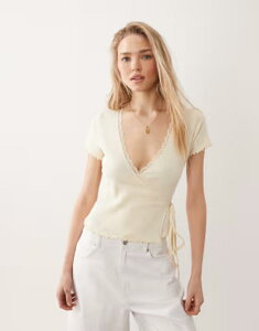 �~�X�Z���t�t���b�W ���f�B�[�X �g�b�v�X �V���c Misselfridge pointellettucedge wrap top in buttermilk