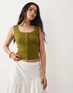 �~�X�Z���t�t���b�W ���f�B�[�X �g�b�v�X �^���N�g�b�v ���[�X�g���� ���[�X Misselfridge pointelle button up tank top with lace trim Khaki �J�[�L