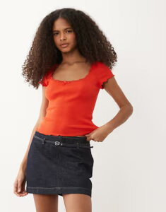 �~�X�Z���t�t���b�W ���f�B�[�X �g�b�v�X �V���c ���[�X�g���� ���[�X Misselfridge square neck lace trim short sleeve top RED ���b�h