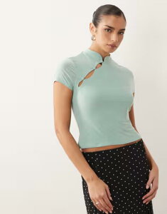 �G�C�\�X ���f�B�[�X �g�b�v�X T�V���c ASOS DESIGN fitted short sleeve top with rouleau loop buttonedetails Mint �~���g