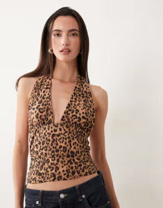 �~�X�Z���t�t���b�W ���f�B�[�X �g�b�v�X �V���c �v�����g �z���^�[ Misselfridge halter neck top in leopard print LEOPARD PRINT �A�j�}��
