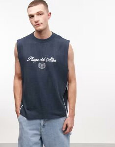 �G�C�\�X �����Y �g�b�v�X �x�X�g ASOS DESIGN heavyweight oversized tank with text grapic seersucker fabric NAVY �l�C�r�[
