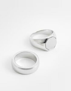 �G�C�\�X �����Y �A�N�Z�T���[ �����O T�V���c ASOS DESIGN waterproof stainlessteel 2 pack brushed octagonal top signet ring tone SILVER �V���o�[