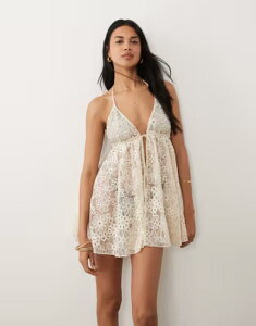 �~�X�Z���t�t���b�W ���f�B�[�X �g�b�v�X �����s�[�X �~�j ���[�X Misselfridge premium beaded lace tie front mini beach cover up in cream �N���[��