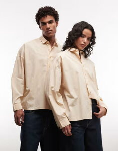 �R���[�W���� ���f�B�[�X �g�b�v�X �V���c COLLUSION Unisex oversized long sleeve boxy shirt in buttermilk stripes Buttermilk �X�g���C�v