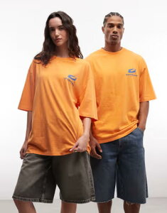 �R���[�W���� ���f�B�[�X �g�b�v�X T�V���c �v�����g COLLUSION Unisex long sleeve Orange T-shirt with blue print ORANGE �I�����W