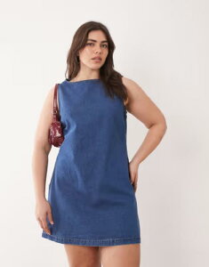 �G�C�\�X ���f�B�[�X �g�b�v�X �����s�[�X �f�j�� ASOS Curve ASOS DESIGN Curve denim fit and flare shift dress in mid BLUE �u���[