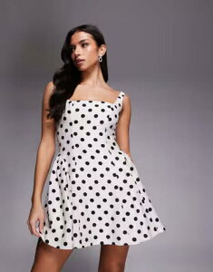 ���A ���f�B�[�X �g�b�v�X �����s�[�X �h�b�g�� �h�b�g �~�j ���[�X Rare London square neck lace up back detail side pleat mini dress polka dot White polka dot �z���C�g