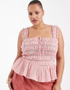 �G�C�\�X ���f�B�[�X �g�b�v�X �V���c �M���K���`�F�b�N �M���K�� ASOS Curve ASOS DESIGN Curve shirred channel wide strap camin gingham TBC