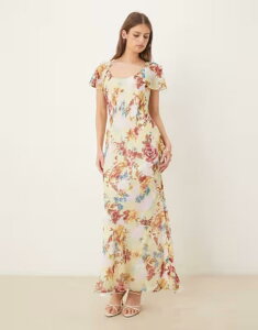 �G�C�\�X ���f�B�[�X �g�b�v�X �����s�[�X �t�����[�� �t���� �}�L�V �t�����[ ASOS DESIGN ruffle sleeve scoop bias maxi dress floral Green floral �O���[��