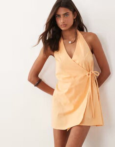 �G�C�\�X ���f�B�[�X �g�b�v�X �����s�[�X �~�j �R�b�g�� ���l�� �z���^�[ ASOS DESIGN cotton-linen blend halter neck wrap mini sundress in orange spritz Orange Spritz �I�����W
