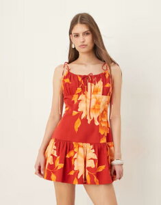 �G�C�\�X ���f�B�[�X �g�b�v�X �����s�[�X �t�����[�� �~�j T�V���c �R�b�g�� �t�����[ ASOS DESIGN cotton sateen tie bust dropped waist mini sundress in orange floral Orange floral �I�����W