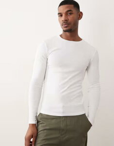 �G�C�\�X �����Y �g�b�v�X T�V���c ASOS DESIGN essentials muscle fit long sleeve T-shirt rib WHITE �z���C�g