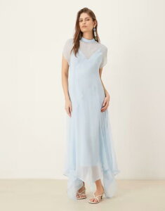 �G�C�\�X ���f�B�[�X �g�b�v�X �����s�[�X �V�t�H�� �n�C�l�b�N �}�L�V ASOS DESIGN high neck handkerchief hem chiffon maxi dress in soft Blue �u���[