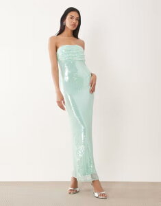 ���A ���f�B�[�X �g�b�v�X �����s�[�X �M���U�[ �X�p���R�[�� �}�L�V Rare London bandeau ruched bust sequin maxi dress in mint �~���g