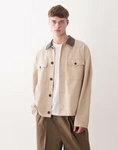 �G�C�\�X �����Y �A�E�^�[ �W���P�b�g�E�u���]�� �R�b�g�� ���U�[ �t�F�C�N���U�[ ASOS DESIGN oversized cotton textured harrington jacket with faux leather collar in stone �X�g�[��
