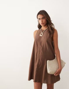 �����L ���f�B�[�X �g�b�v�X �����s�[�X A ���C�� �~�j �m�[�X���[�u ���l�� Monki linen blend sleeveless a-line mini dress with frayedges in dark Brown �u���E��