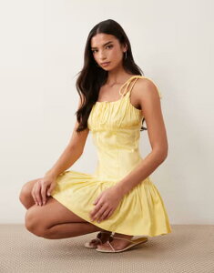 �G�C�\�X ���f�B�[�X �g�b�v�X �����s�[�X �~�j T�V���c �R�b�g�� ASOS DESIGN cotton sateen tie bust dropped waist mini sundress in butter yellow Butter yellow �C�G���[
