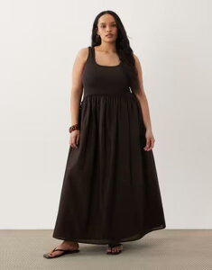 �G�C�\�X ���f�B�[�X �g�b�v�X �����s�[�X ���u �~�f�B �X�J�[�g ASOS Curve ASOS DESIGN Curve scoop ribbed bodice with poplin skirt midi dress in chocolate �`���R���[�g