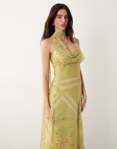 �G�C�\�X ���f�B�[�X �g�b�v�X �����s�[�X �t�����[�� �v�����g �}�L�V �t�����[ ASOS DESIGN maxi slip dress with scarf detail floral print Green floral �O���[��