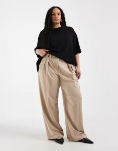 �G�C�\�X ���f�B�[�X �{�g���X �J�W���A���p���c ���C�h���b�O �v���[�c ASOS DESIGN Curve wide leg pants with pleatedetailing in stone �X�g�[��
