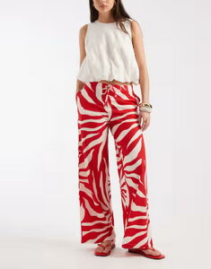 �I�����[ ���f�B�[�X �{�g���X �J�W���A���p���c ���C�h���b�O �t�����[�� �t�����[ ONLY wide leg pull on pants floral Cherry Red ���b�h