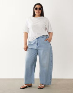 �G�C�\�X ���f�B�[�X �{�g���X �f�j���p���c �W�[���Y ASOS Curve ASOS DESIGN Curve barreleg jeans with adjustable waist in lightwash BLUE �u���[