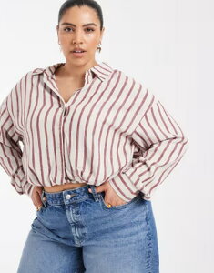 �I�����[�J�[�u ���f�B�[�X �g�b�v�X �V���c �N���b�v�h ���l�� ONLY Curve linen blend cropped shirt stripe Silver Lining �V���o�[