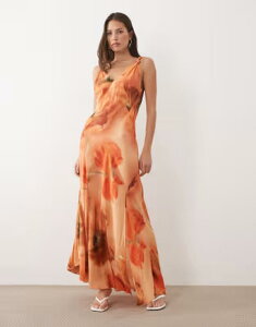 �l�o�[�t���[�h���X�h ���f�B�[�X �g�b�v�X �����s�[�X �t�����[�� �}�L�V �t�����[ Never Fully Dressed Sofia knot strap bias cut maxi dress in blurred orange floral ORANGE �I�����W