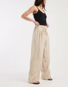 ���F�����[�_ ���f�B�[�X �{�g���X �J�W���A���p���c Vero Moda woven pleat frontailored pants with tie waist in stone Cement MELANGE �X�g�[��
