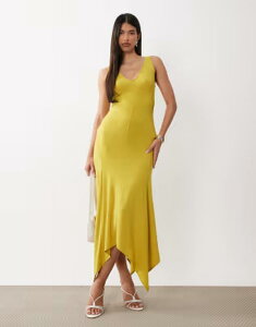 �G�C�\�X ���f�B�[�X �g�b�v�X �����s�[�X V�l�b�N �~�f�B ASOS DESIGN v neck hanky hem soft slinky midi dress in chartreuse �V�����g�����[�Y
