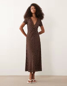 �}���S ���f�B�[�X �g�b�v�X �����s�[�X V�l�b�N �h�b�g �~�f�B Mango twist front v neck midi dress and cream polka dots BROWN �u���E��