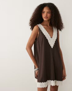 �G�C�\�X ���f�B�[�X �g�b�v�X �����s�[�X A ���C�� ���[�X�g���� �~�j ���[�X ASOS DESIGN a-line mini dress with lace trim BROWN �u���E��
