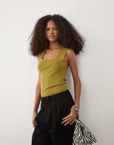 �}���S ���f�B�[�X �g�b�v�X �^���N�g�b�v ���u�j�b�g �m�[�X���[�u �j�b�g Mango scoop neck rib knit sleeveless top GREEN �O���[��