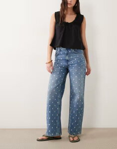 �}���S ���f�B�[�X �{�g���X �f�j���p���c �X�g���[�g �h�b�g �R�b�g�� �W�[���Y Mango Lunares 100% cotton straight leg polka-dot jeans in mid BLUE �u���[