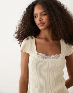�~�X�Z���t�t���b�W ���f�B�[�X �g�b�v�X �V���c ���[�X�g���� ���[�X �j�b�g Misselfridge knit peplum top with lace trim in buttermilk