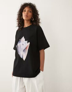 �G�C�\�X ���f�B�[�X �g�b�v�X T�V���c �v�����g ASOS DESIGN short sleeve oversized top with shell print Black �u���b�N