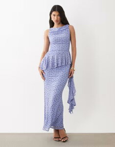 �G�C�\�X ���f�B�[�X �g�b�v�X �����s�[�X �h�b�g�� �h�b�g �v�����g ���b�V�� �}�L�V ASOS DESIGN mesh maxi dress with ruching and frill details polka dot print BLUE �u���[