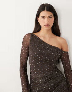 �G�C�\�X ���f�B�[�X �g�b�v�X �����s�[�X �v�����g �~�j ���b�V�� �I�t�V�����_�[ ASOS DESIGN printed mesh off-shoulder mini dress with angel sleeve in dot print CHOCOLATE BROWN �u���E��