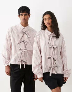 �V�X�^�[�W���� ���f�B�[�X �g�b�v�X �V���c �R�b�g�� Sister Jane Henrik Unisex cotton bow detail shirt stripe PINK �s���N