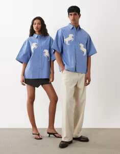 �V�X�^�[�W���� ���f�B�[�X �g�b�v�X �V���c �R�b�g�� �f�j�� Sister Jane Dala Unisex cotton applique horse detail boxy denim shirt in mid BLUE �u���[