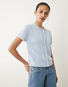 �~�X�Z���t�t���b�W ���f�B�[�X �A�E�^�[ �J�[�f�B�K�� Misselfridge short sleeve blanket stitch cardigan BLUE �u���[