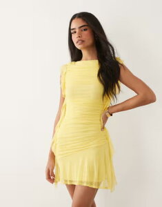 �G�C�\�X ���f�B�[�X �g�b�v�X �����s�[�X �~�j ���b�V�� ASOS DESIGN mesh cascading frill mini dress with ruching in lemon YELLOW �C�G���[