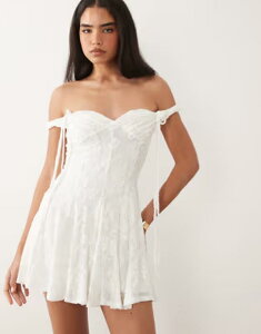 �G�C�\�X ���f�B�[�X �g�b�v�X �����s�[�X �~�j ASOS DESIGN devore bardotwistrap mini dress with godets WHITE �z���C�g