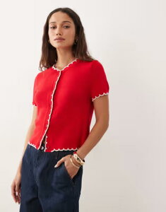 �~�X�Z���t�t���b�W ���f�B�[�X �A�E�^�[ �J�[�f�B�K�� Misselfridge short sleeve blanket stitch cardigan RED ���b�h