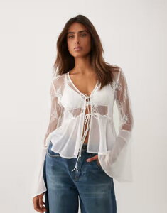 �~�X�Z���t�t���b�W ���f�B�[�X �g�b�v�X �V���c �V�t�H�� �t���� �u���E�X ���[�X Misselfridge lace chiffon mix ruffle trim tie front blouse WHITE �z���C�g