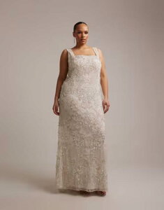 �G�C�\�X ���f�B�[�X �g�b�v�X �����s�[�X �}�L�V ASOS Curve ASOS DESIGN Curve ornate crystal embellished square neck maxi wedding dress Ivory �A�C�{���[