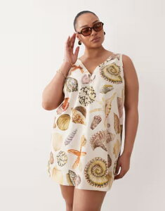 �G�C�\�X ���f�B�[�X �g�b�v�X �����s�[�X V�l�b�N �v�����g �~�j ASOS Curve ASOS DESIGN Curve v-neck smock mini sundress in shell print Shell print