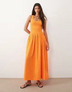 �G�C�\�X ���f�B�[�X �g�b�v�X �����s�[�X �}�L�V ASOS DESIGN crinkle scoop neck maxi sundress with shirred waist in vibrant orange Vibrant Orange �I�����W