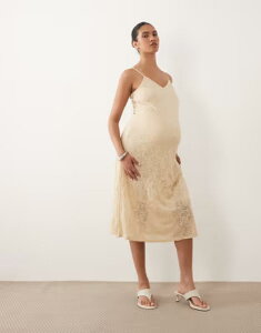 �}�}���C�V�A�X ���f�B�[�X �g�b�v�X �����s�[�X �~�f�B ���[�X �}�^�j�e�B Mama.licious Mamalicious Maternity all-over lace cami strap midi dress in cream Birch �N���[��